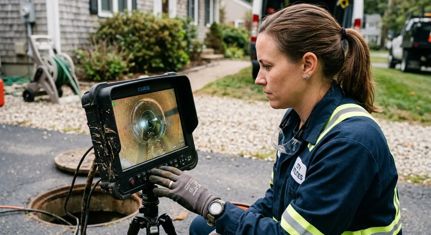 Technician reviewing sewer camera inspection footage in Newington