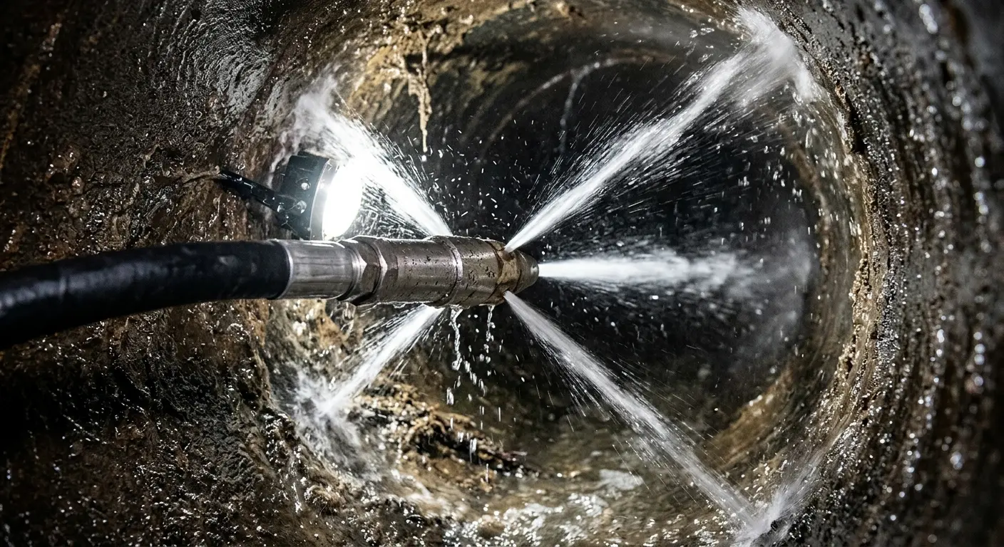 High-pressure hydro jetting nozzle cleaning sewer pipe for Emergency Drain Service in Newington