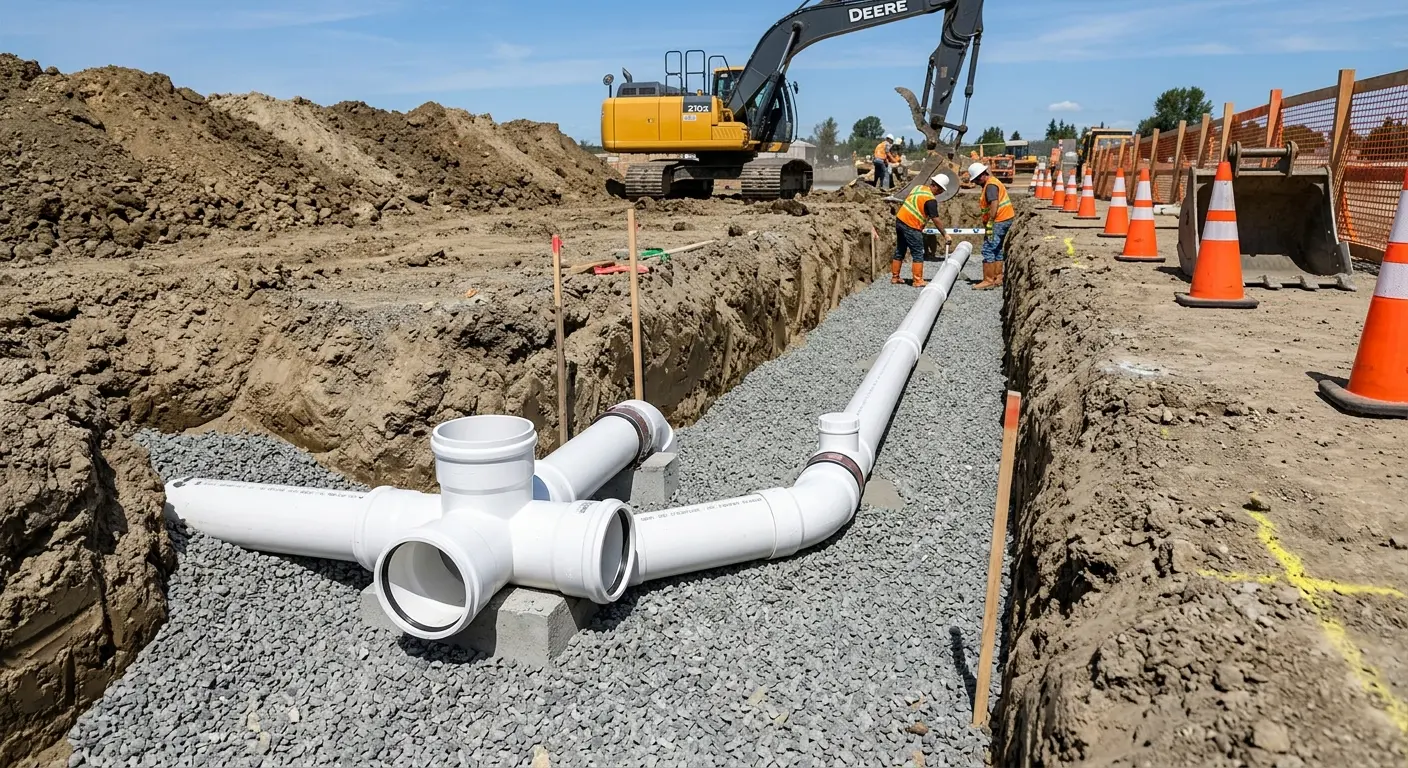 New PVC sewer pipe installation in open trench for Commercial Drain Cleaning in Newington